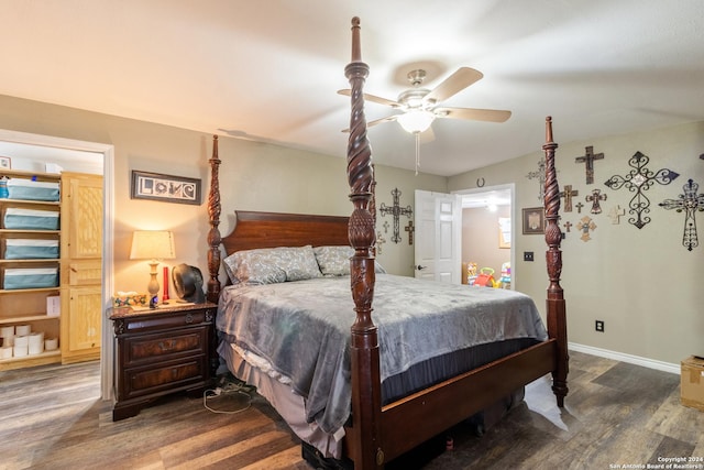 bedroom featuring ceiling fan and dark hardwood / wood-style flooring