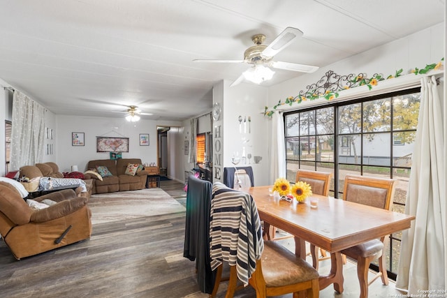 dining room with wood-type flooring and ceiling fan