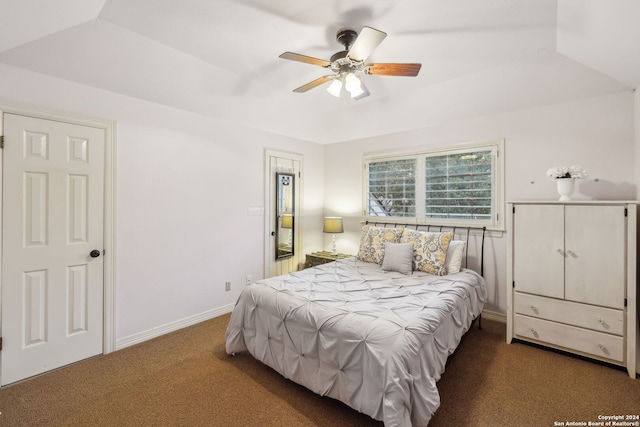 bedroom with a raised ceiling, ceiling fan, and dark colored carpet