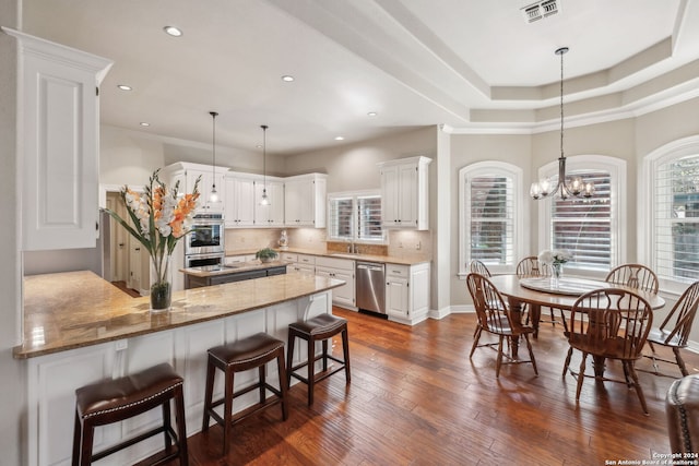 kitchen featuring white cabinetry, hanging light fixtures, stainless steel appliances, light stone countertops, and kitchen peninsula