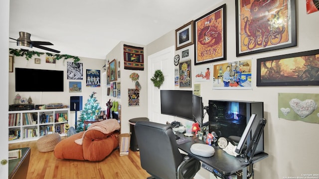 living room featuring hardwood / wood-style flooring and ceiling fan