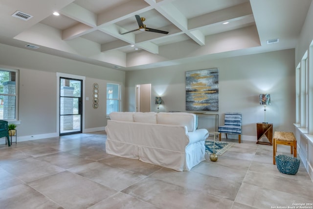 living room with beamed ceiling, ceiling fan, and coffered ceiling