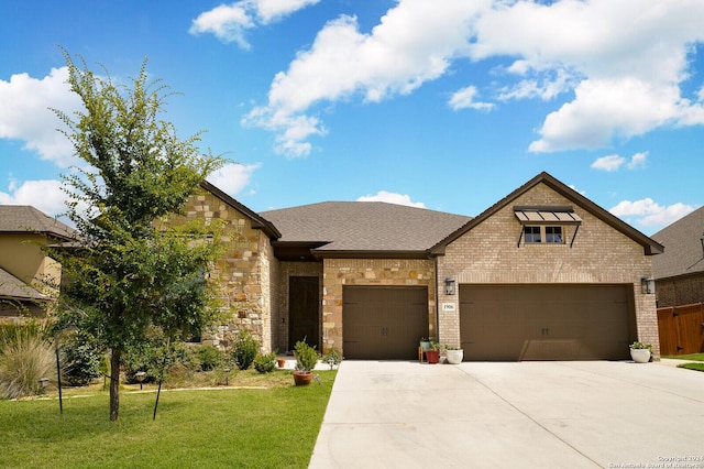 view of front of home with a front yard and a garage