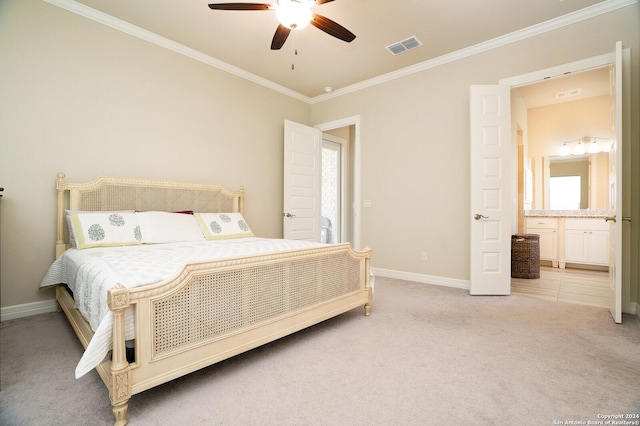 bedroom featuring light carpet, multiple windows, ceiling fan, and ornamental molding