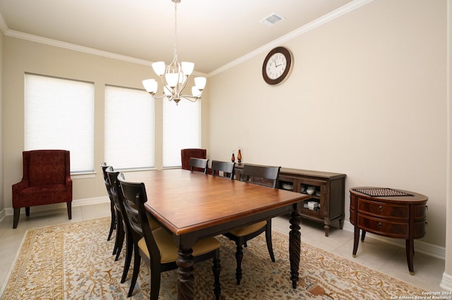 tiled dining space with ornamental molding and an inviting chandelier