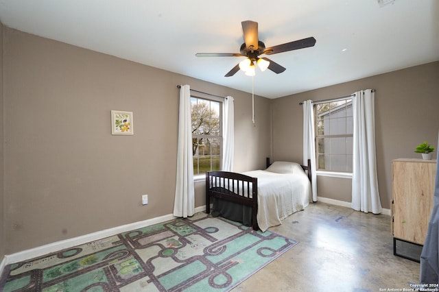 bedroom featuring ceiling fan and concrete floors