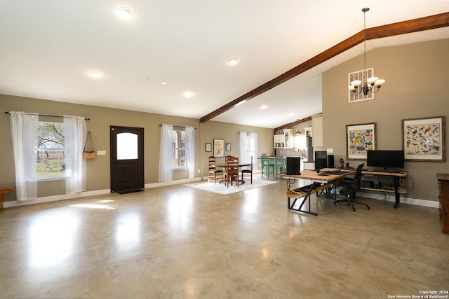 entryway featuring lofted ceiling with beams and a chandelier