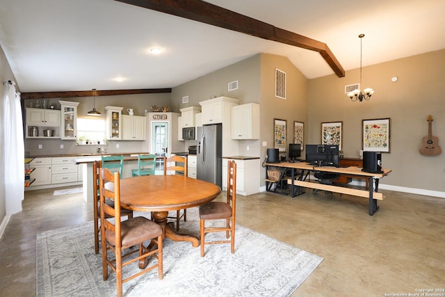 dining area featuring vaulted ceiling with beams and a chandelier