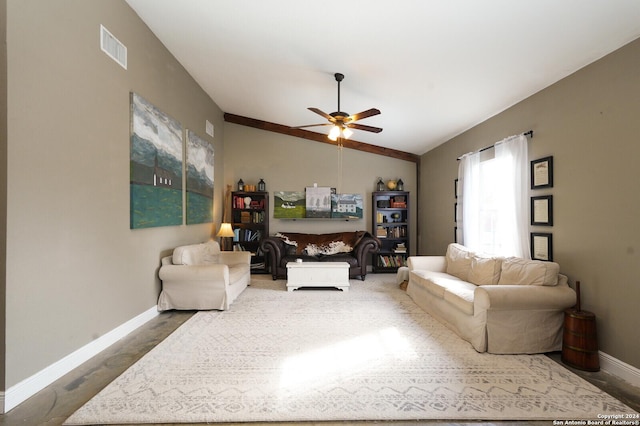 living room with vaulted ceiling and ceiling fan