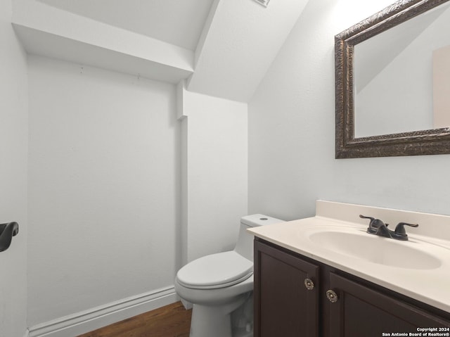 bathroom with vanity, toilet, and wood-type flooring