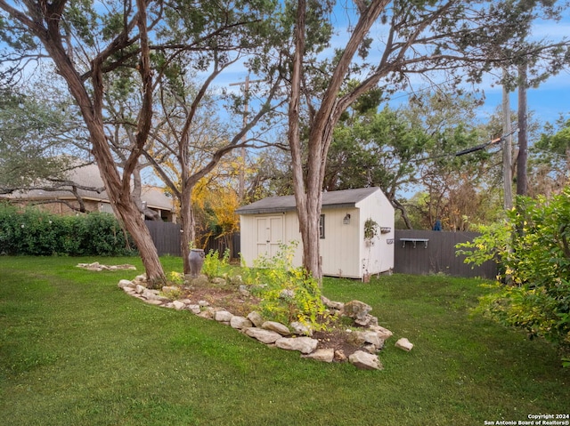 view of yard with a storage shed