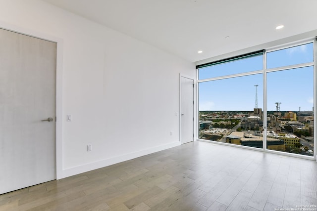 spare room featuring a wall of windows and light wood-type flooring