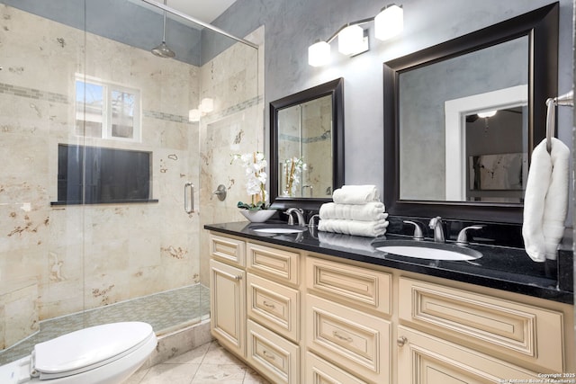 bathroom with toilet, a stall shower, double vanity, and a sink