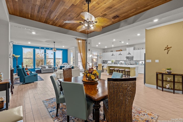 dining area featuring ornamental molding, ceiling fan, and wooden ceiling