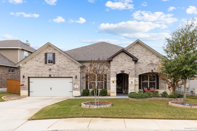 view of front of house with a front yard and a garage