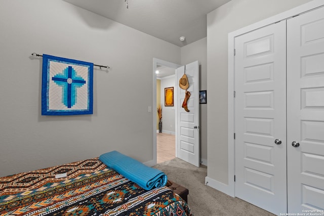 bedroom with light colored carpet and a closet