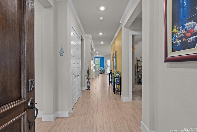 hallway featuring ornamental molding and light hardwood / wood-style flooring