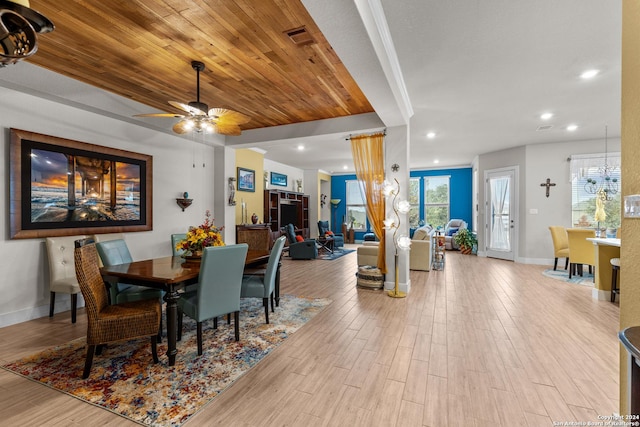 dining room with light wood-type flooring, french doors, ceiling fan, and wood ceiling