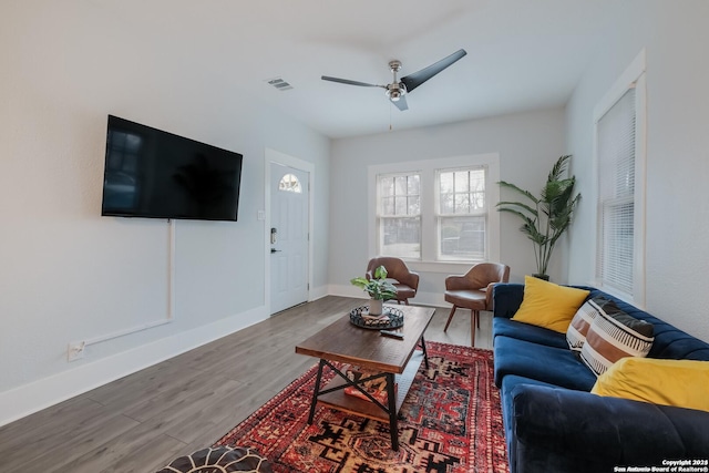 living room with ceiling fan and wood-type flooring