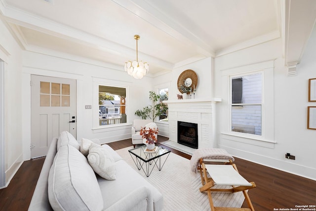 living room with a notable chandelier, beam ceiling, ornamental molding, and dark wood-type flooring