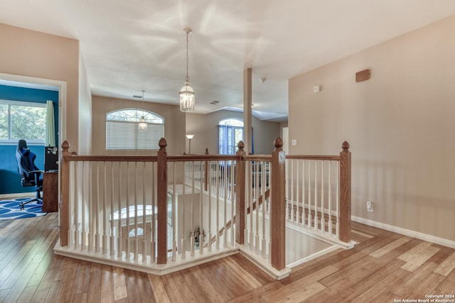 hall with an inviting chandelier, plenty of natural light, and hardwood / wood-style floors