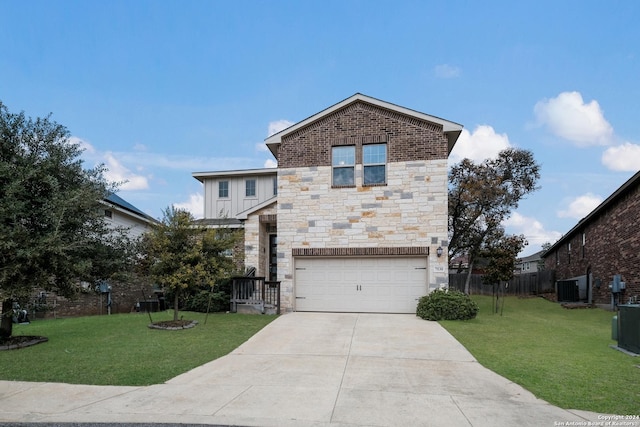 view of front facade with a garage, a front lawn, and cooling unit