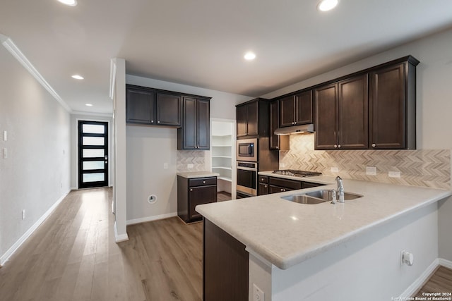 kitchen featuring backsplash, ornamental molding, stainless steel appliances, sink, and light hardwood / wood-style flooring