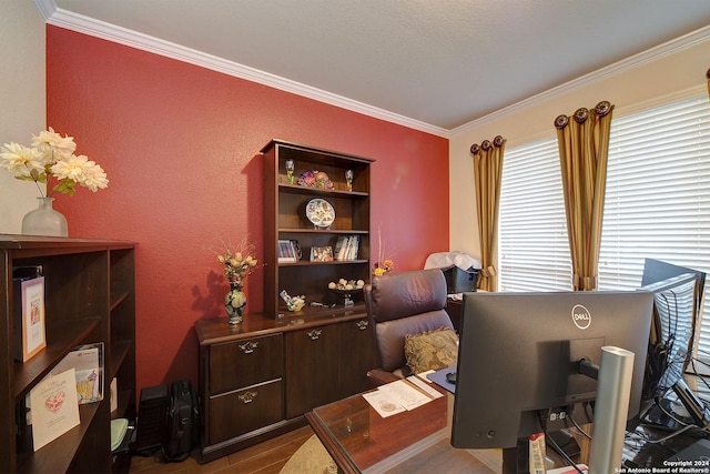 home office with hardwood / wood-style flooring and ornamental molding