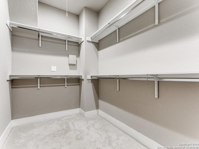 walk in closet with light carpet