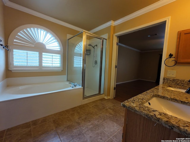 bathroom featuring vanity, crown molding, and plus walk in shower