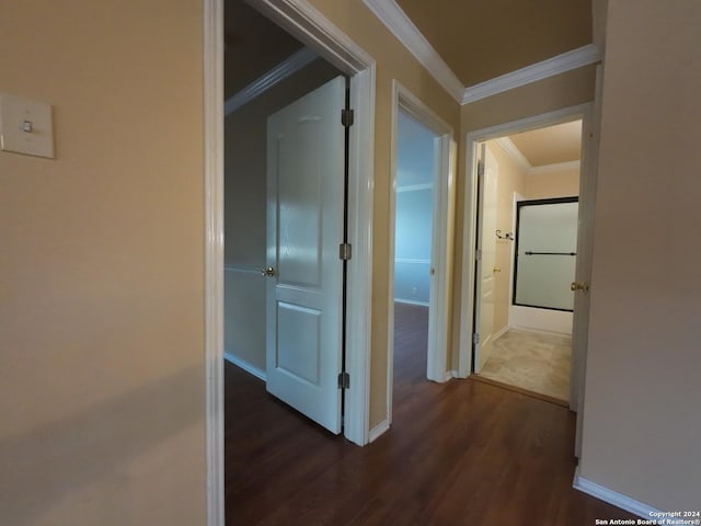 hall with crown molding and dark wood-type flooring