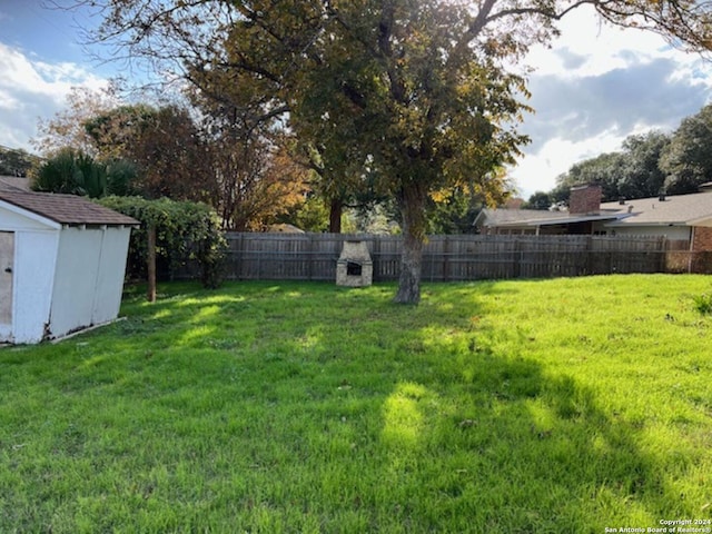 view of yard featuring a storage shed