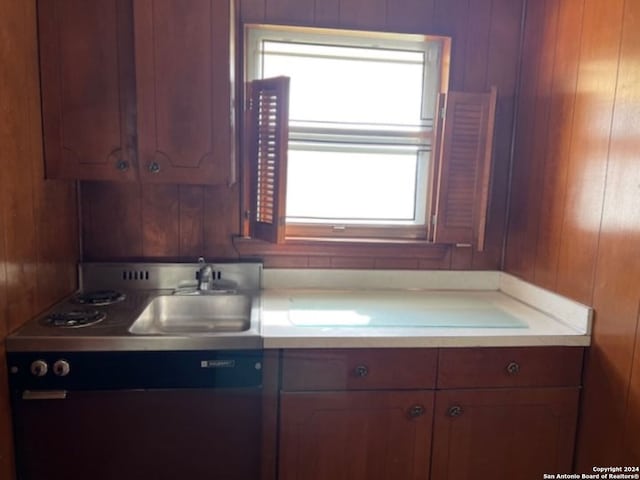 kitchen featuring sink and wooden walls