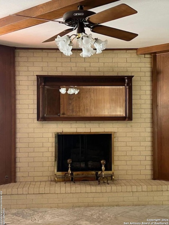 room details with beamed ceiling and ceiling fan