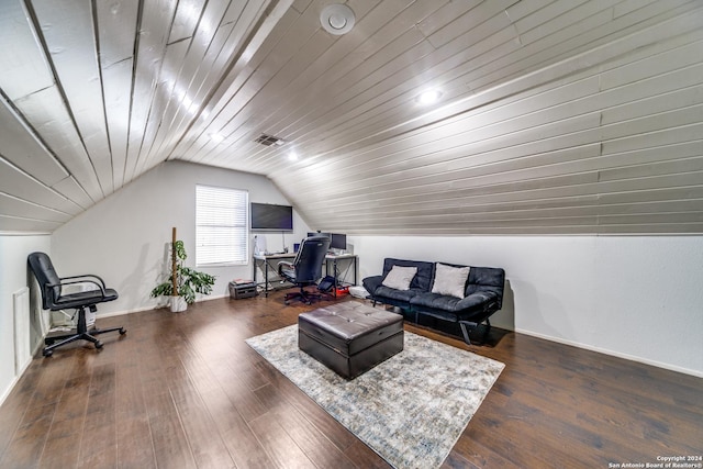 living room featuring wooden ceiling, dark wood-type flooring, and lofted ceiling