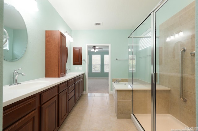 bathroom with vanity, tile patterned floors, walk in shower, and ceiling fan