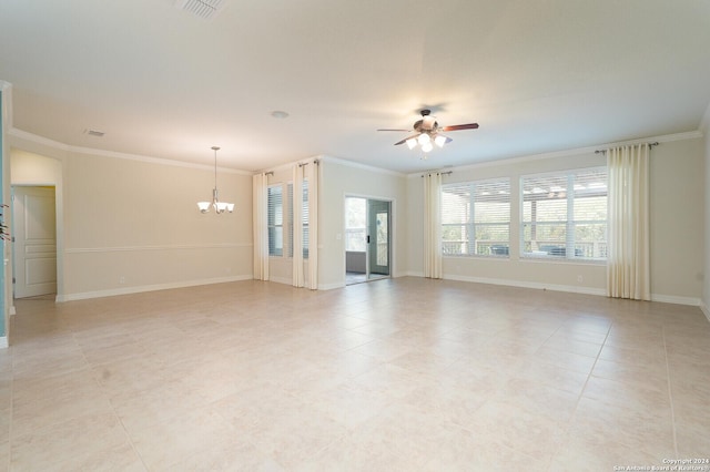 tiled spare room featuring ceiling fan with notable chandelier and ornamental molding