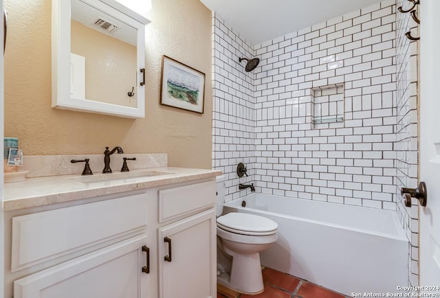 full bathroom with shower / bath combination, visible vents, a textured wall, toilet, and vanity