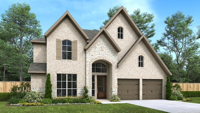 french country inspired facade featuring brick siding, a shingled roof, concrete driveway, an attached garage, and fence