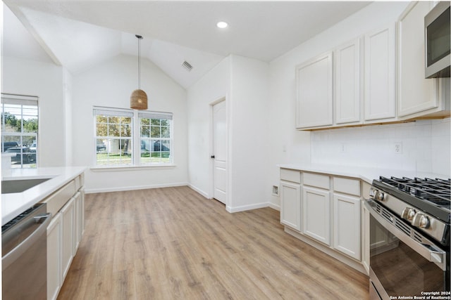 kitchen with stainless steel appliances, plenty of natural light, hanging light fixtures, and light hardwood / wood-style floors