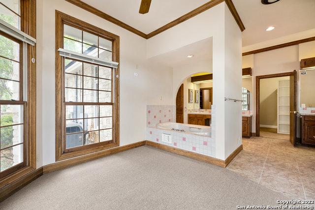 carpeted spare room featuring ceiling fan, crown molding, and a wealth of natural light