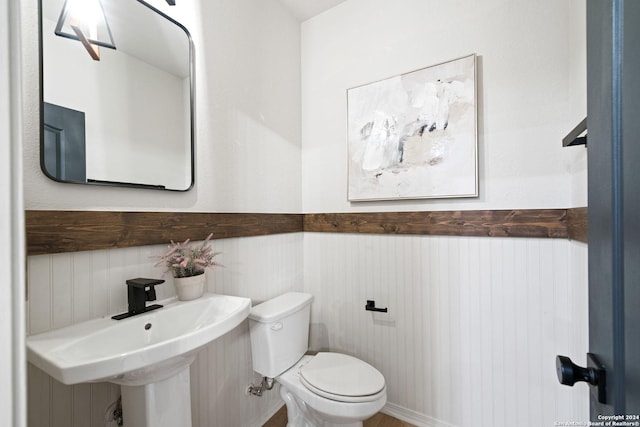 bathroom with toilet, sink, and wooden walls