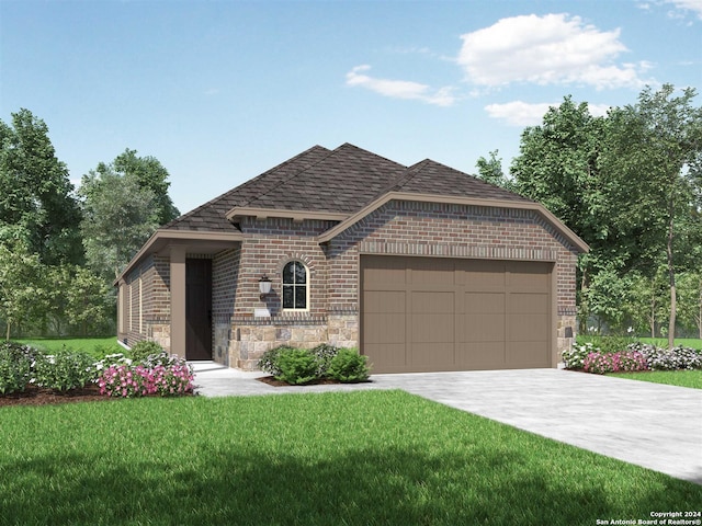 view of front facade featuring a garage and a front lawn