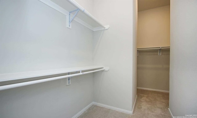 walk in closet with light carpet