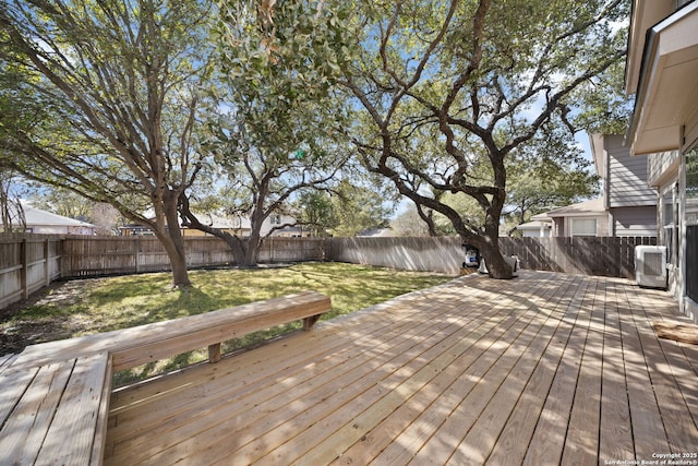 deck with a fenced backyard and a lawn