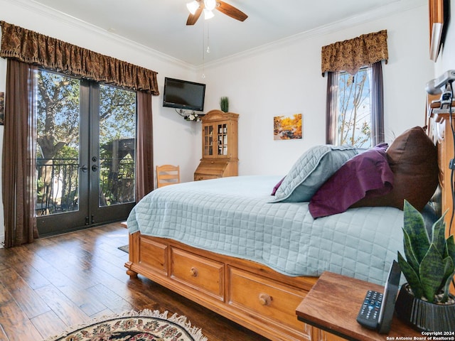 bedroom with access to exterior, french doors, ceiling fan, crown molding, and dark hardwood / wood-style floors