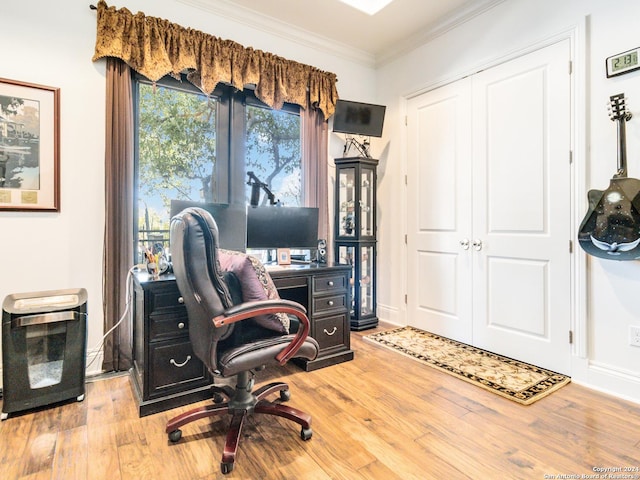 home office with crown molding and light hardwood / wood-style flooring