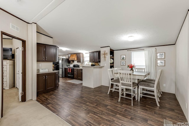 dining room with dark hardwood / wood-style flooring, lofted ceiling, and a textured ceiling