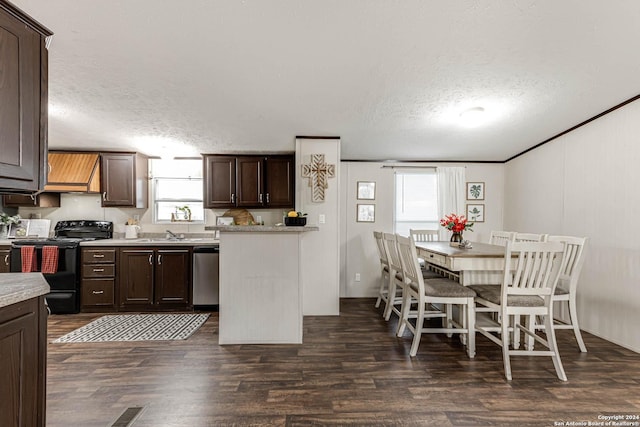 kitchen featuring dark brown cabinetry, stainless steel dishwasher, a textured ceiling, and black range with electric cooktop