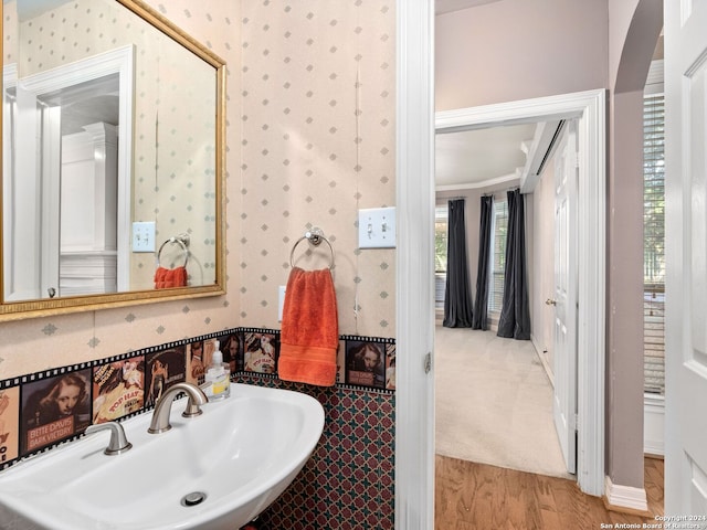 bathroom featuring wood-type flooring, ornamental molding, and sink